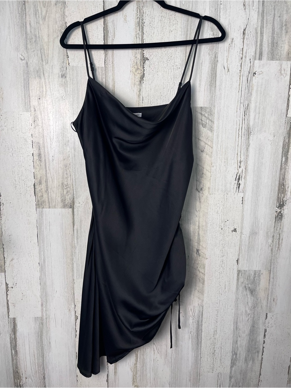 Garage Black Asymmetrical Ruched Satin Cowl Slip Dress Medium